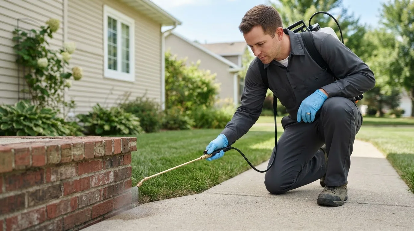 Pest control technician treating a home near East Durham, NY